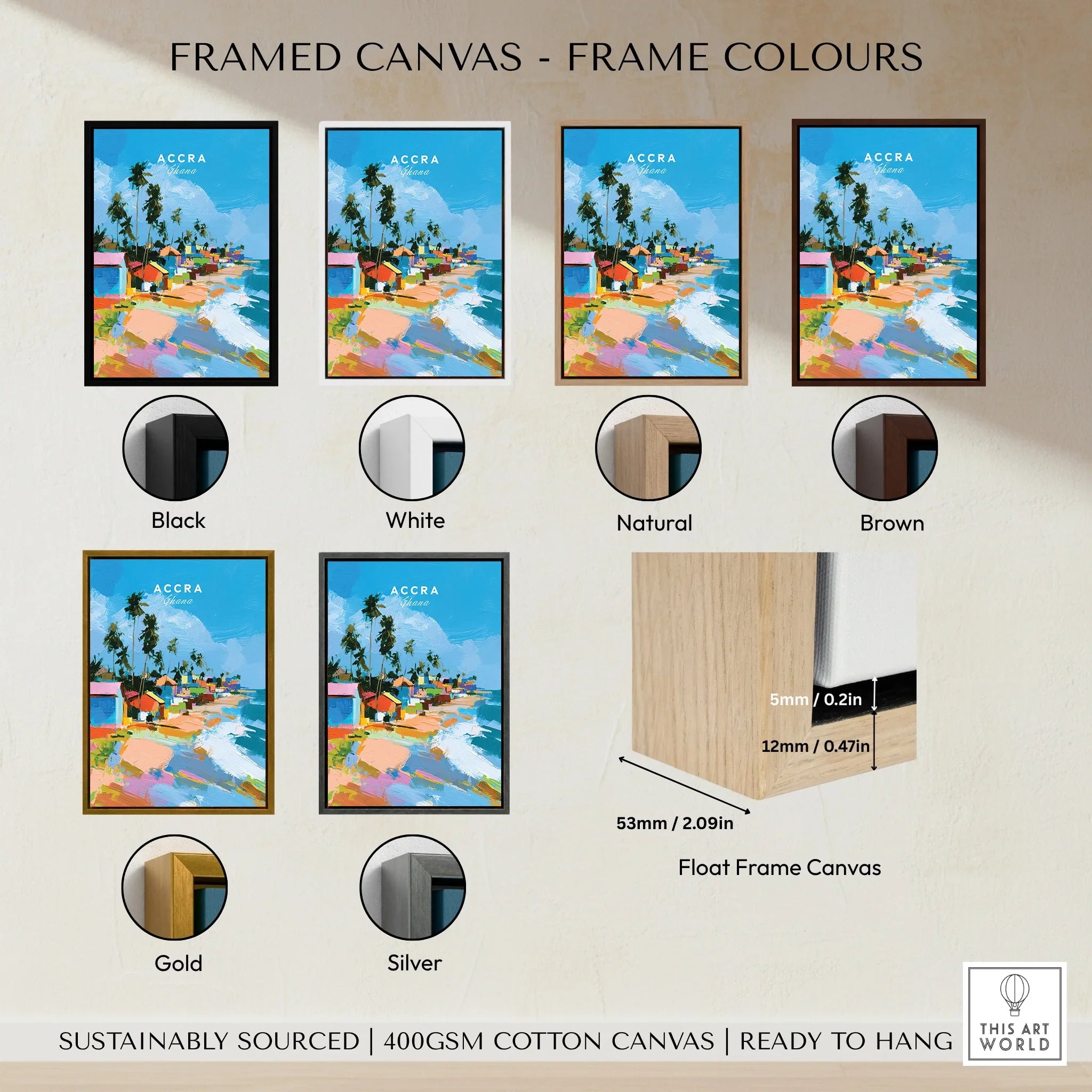 Accra Ghana Beach Huts Travel Poster — framed canvas float frame colour options