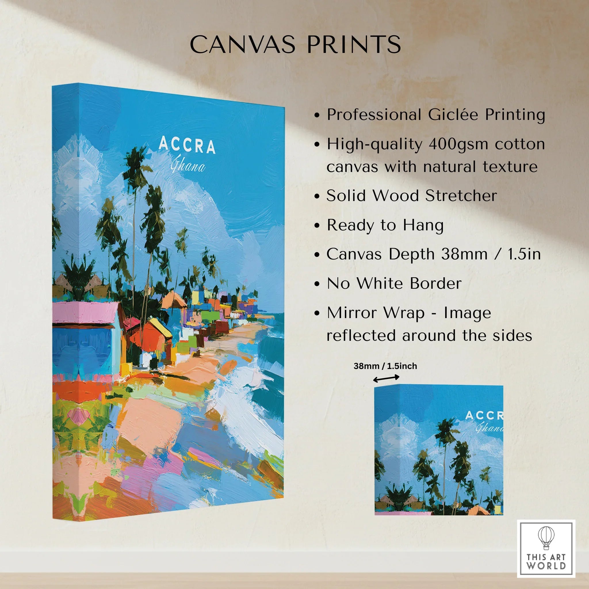 Accra Ghana Beach Huts Travel Poster — canvas print stretched cotton canvas details