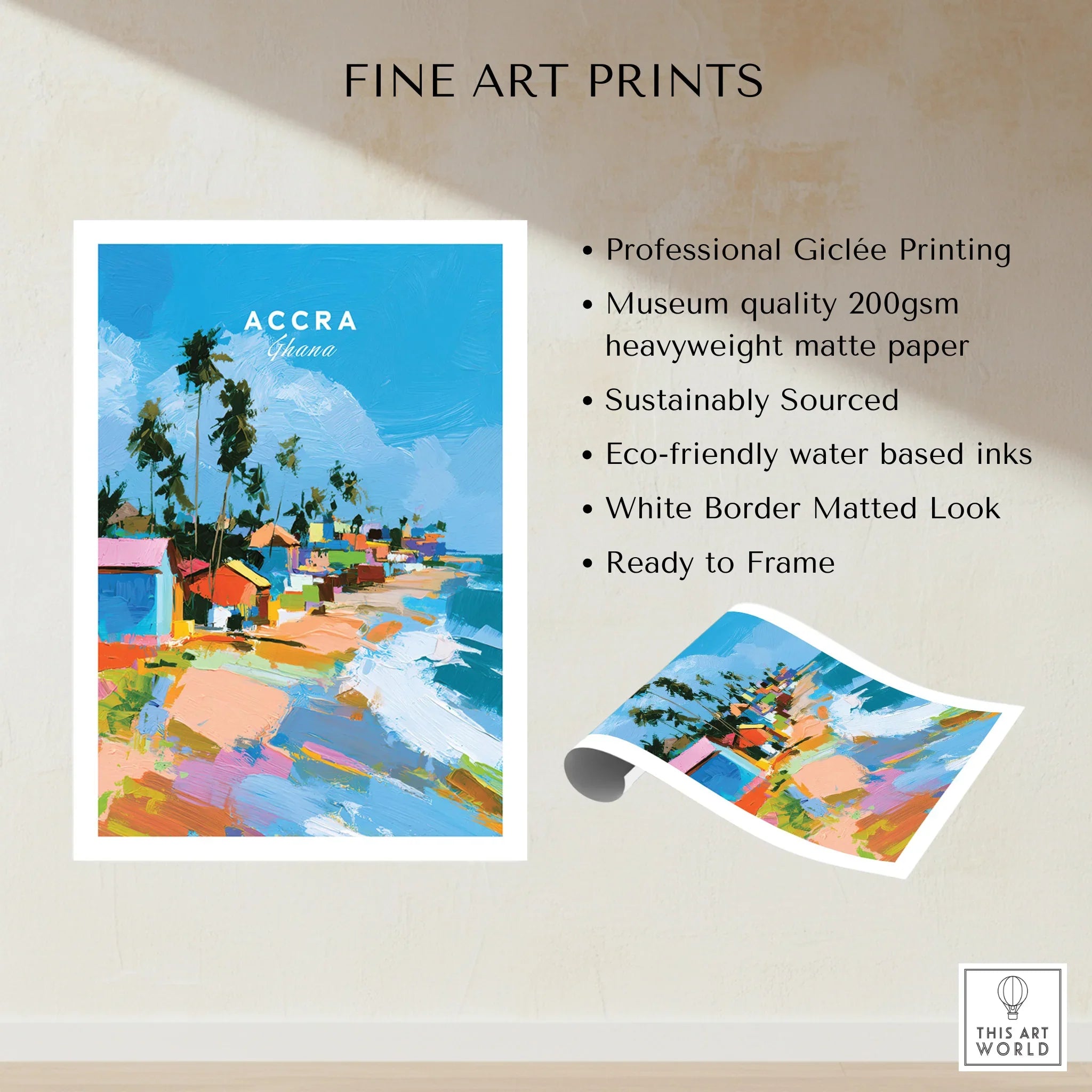 Accra Ghana Beach Huts Travel Poster — fine art print unframed quality details
