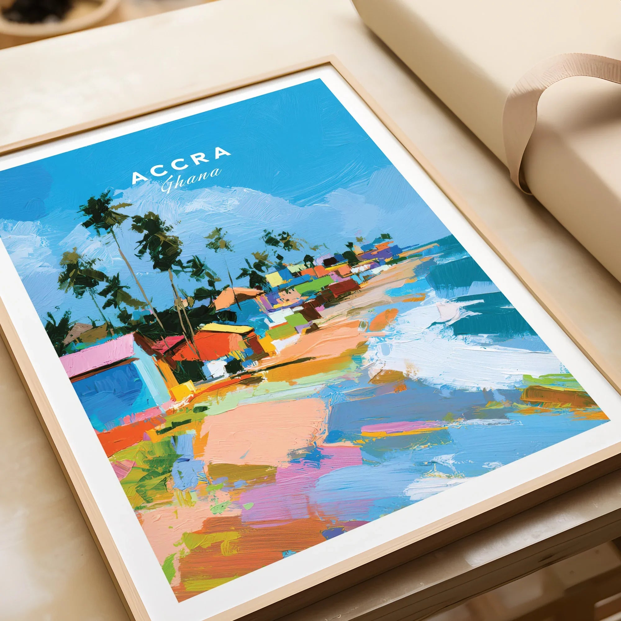 Accra Ghana Beach Huts Travel Poster — framed art print closeup gift unwrapped natural frame
