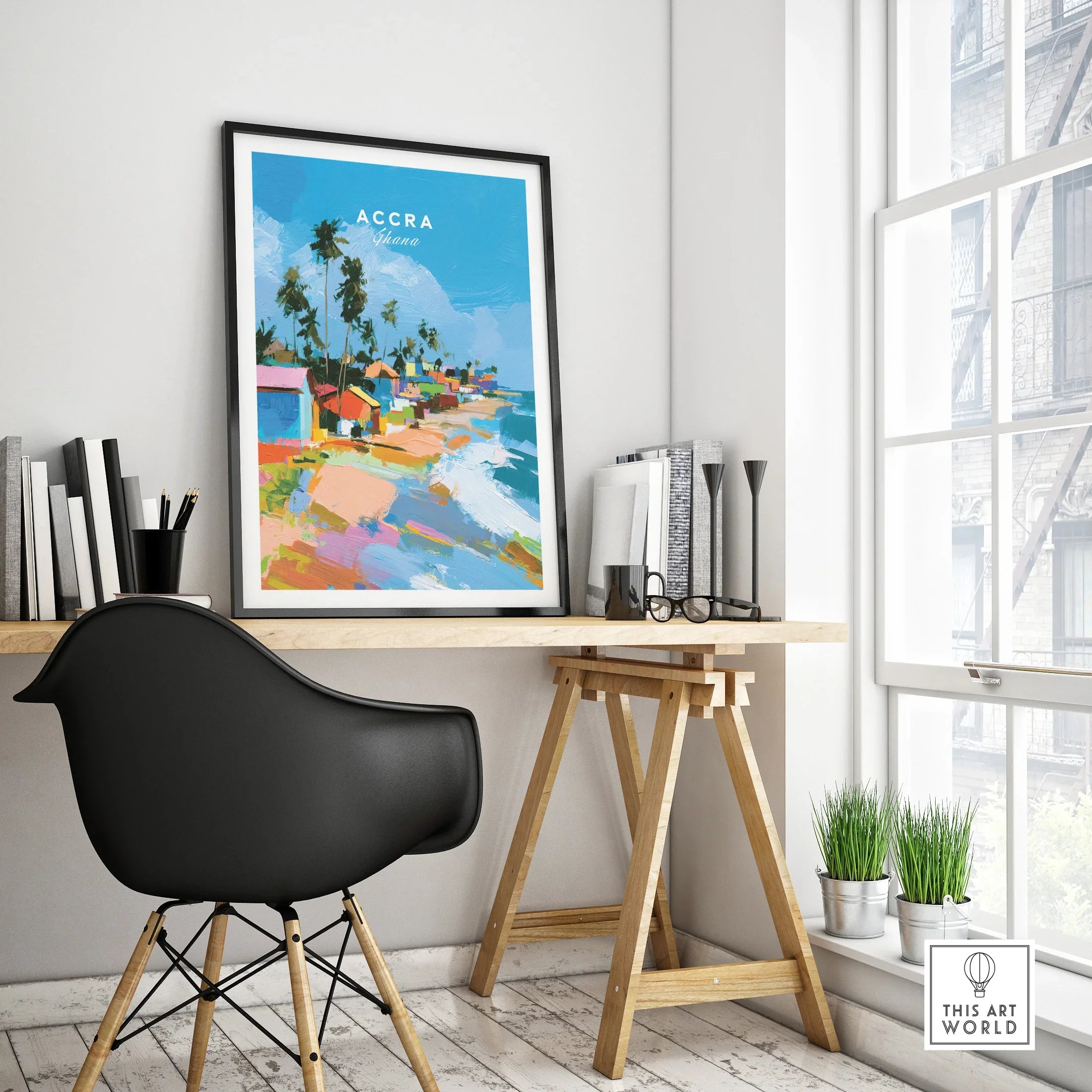 Accra Ghana Beach Huts Travel Poster — framed poster black frame on office desk modern