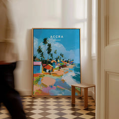 Accra Ghana Beach Huts Travel Poster — framed canvas on floor man walking past