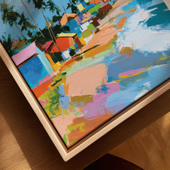 Accra Ghana Beach Huts Travel Poster — closeup framed canvas natural wood floating frame