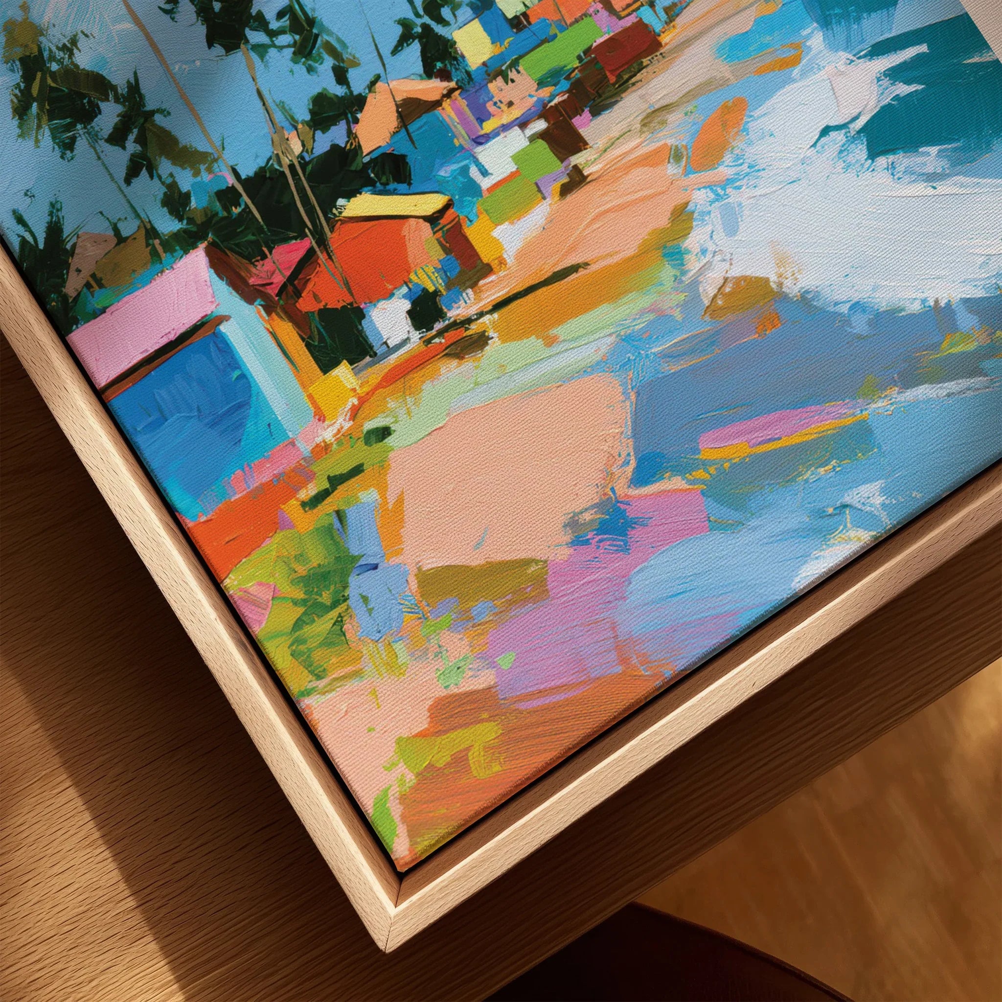 Accra Ghana Beach Huts Travel Poster — closeup framed canvas natural wood floating frame