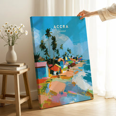 Accra Ghana Beach Huts Travel Poster — canvas print mirror edge hand holding room setting