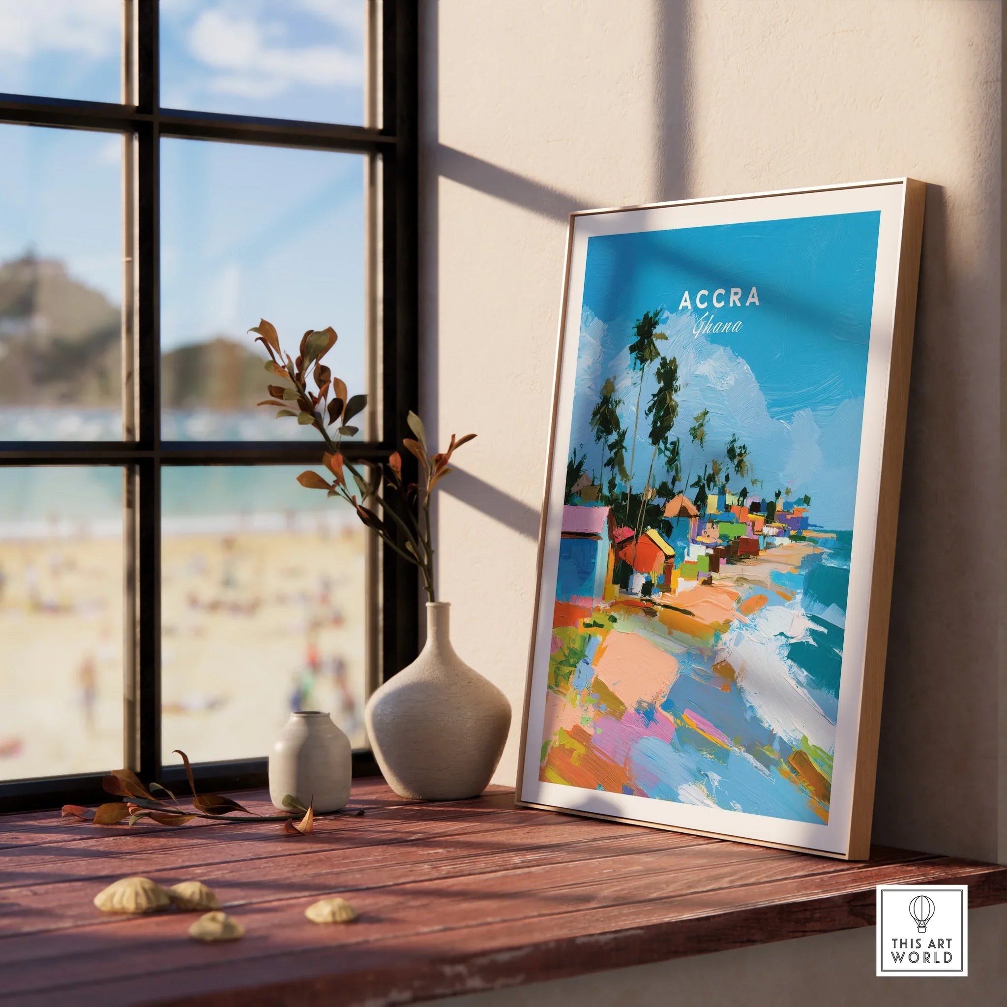 Accra Ghana Beach Huts Travel Poster — framed print window view natural wood frame