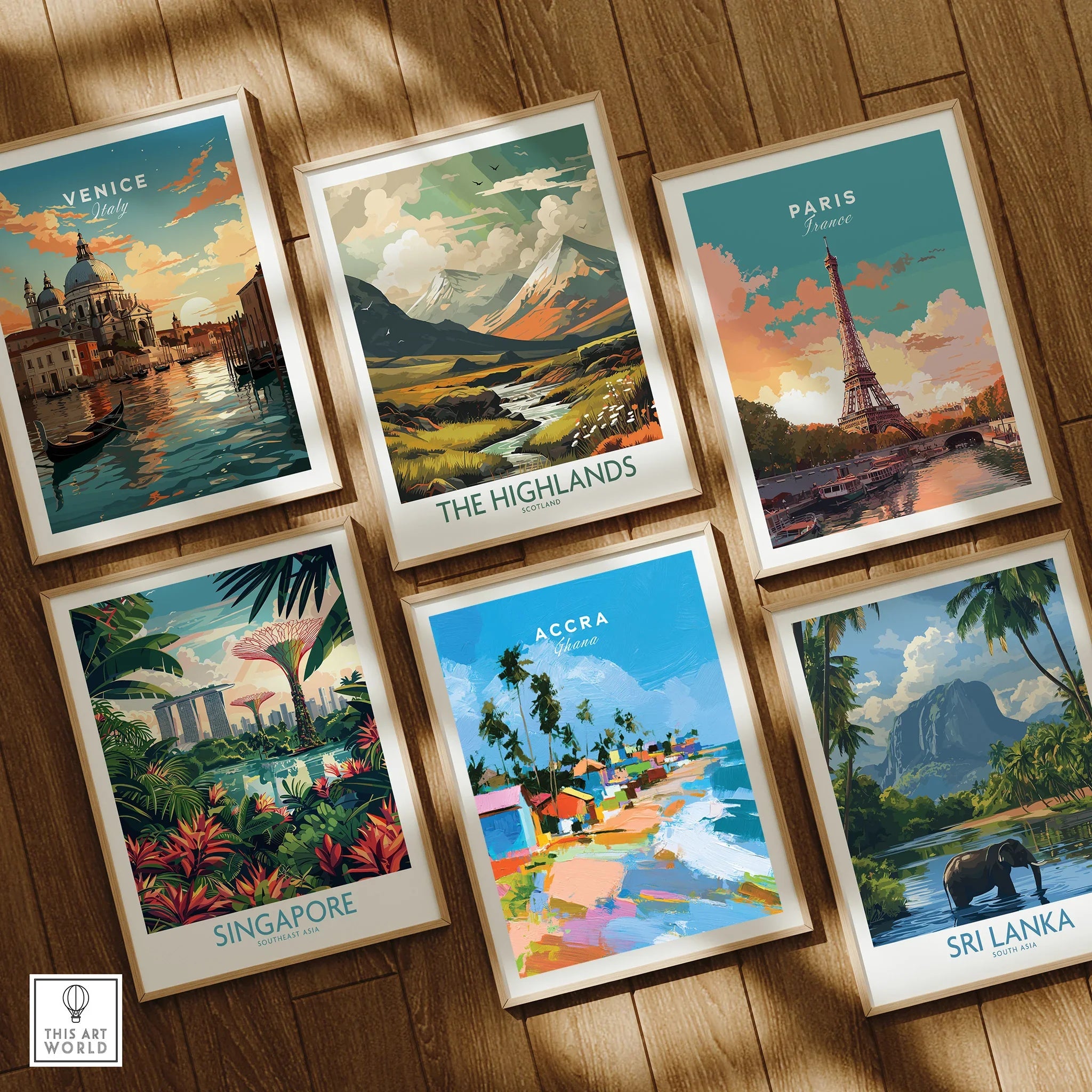 Accra Ghana Beach Huts Travel Poster — set six framed art prints wooden floor natural wood frames