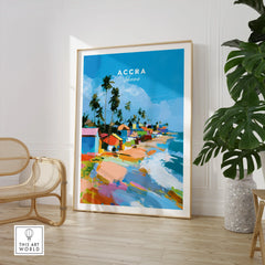 Accra Ghana Beach Huts Travel Poster — large framed print room setting chair plant