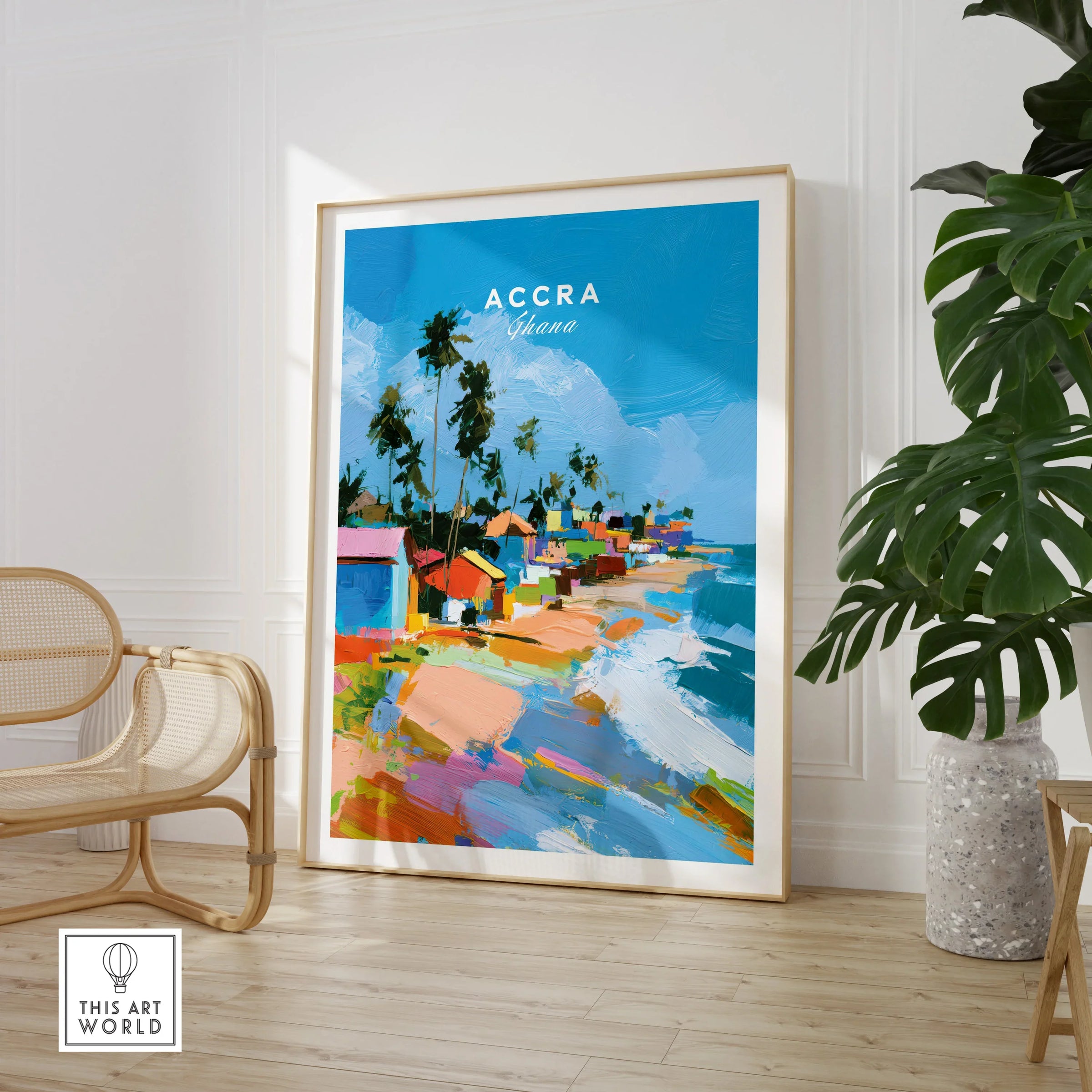 Accra Ghana Beach Huts Travel Poster — large framed print room setting chair plant