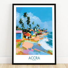 Accra Ghana Coastal Cabanas Wall Art — art print in black frame on wooden floor
