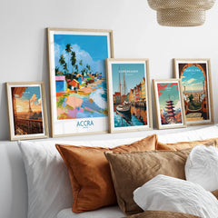 Accra Ghana Coastal Cabanas Wall Art — set five framed artprints above bed natural wood frames