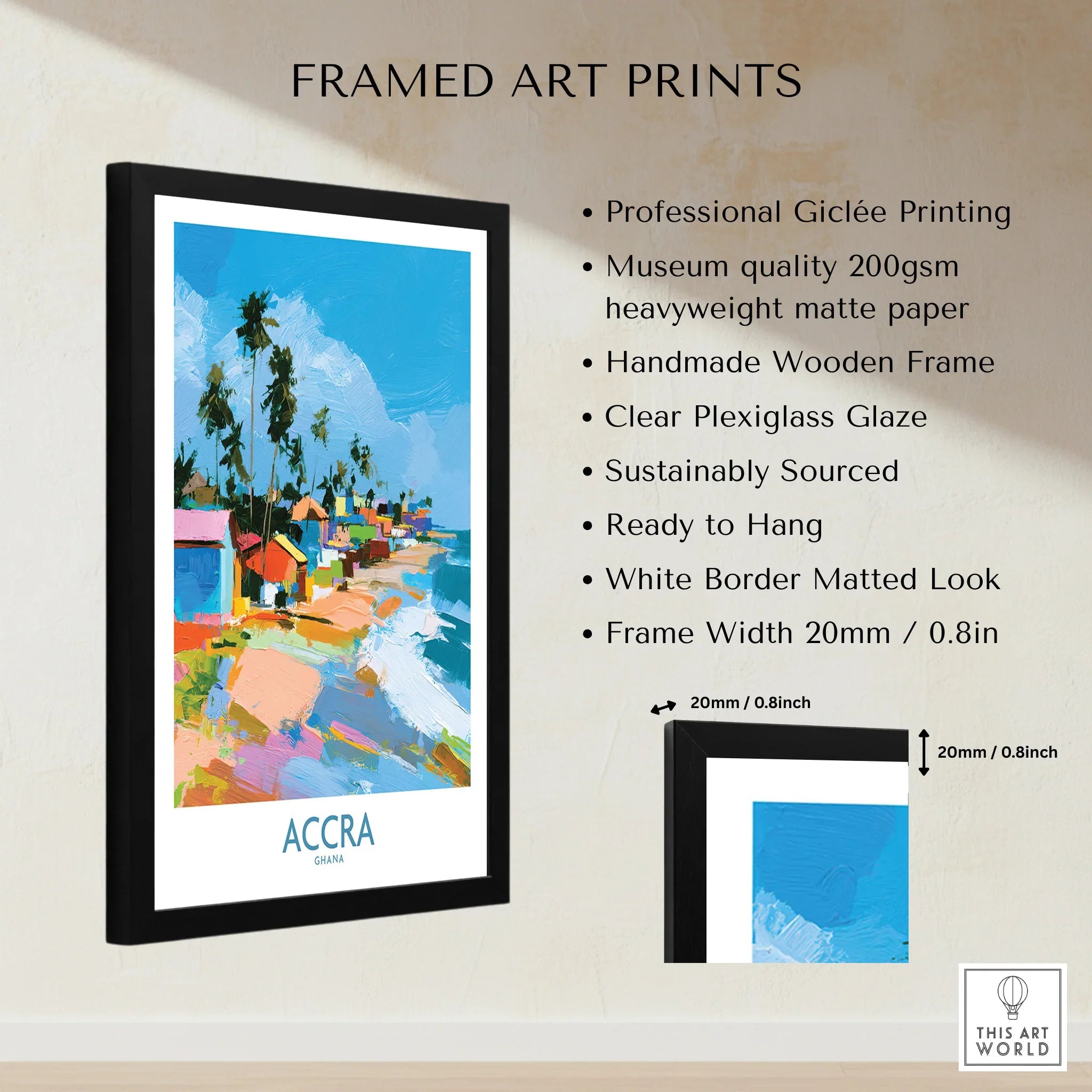 Accra Ghana Coastal Cabanas Wall Art — framed print details measurements quality details