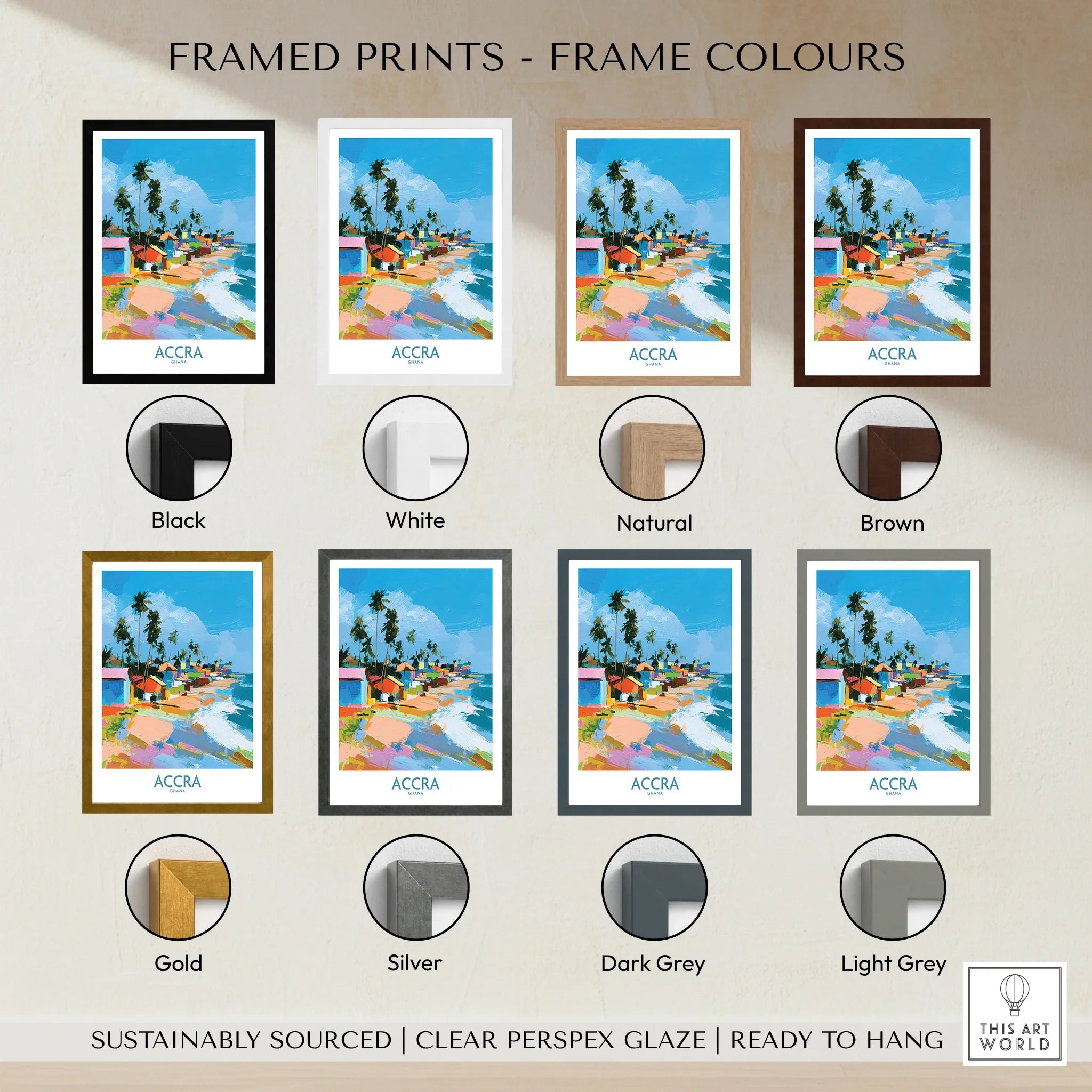 Accra Ghana Coastal Cabanas Wall Art — framed print colour options