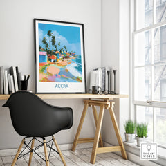 Accra Ghana Coastal Cabanas Wall Art — framed poster black frame on office desk modern