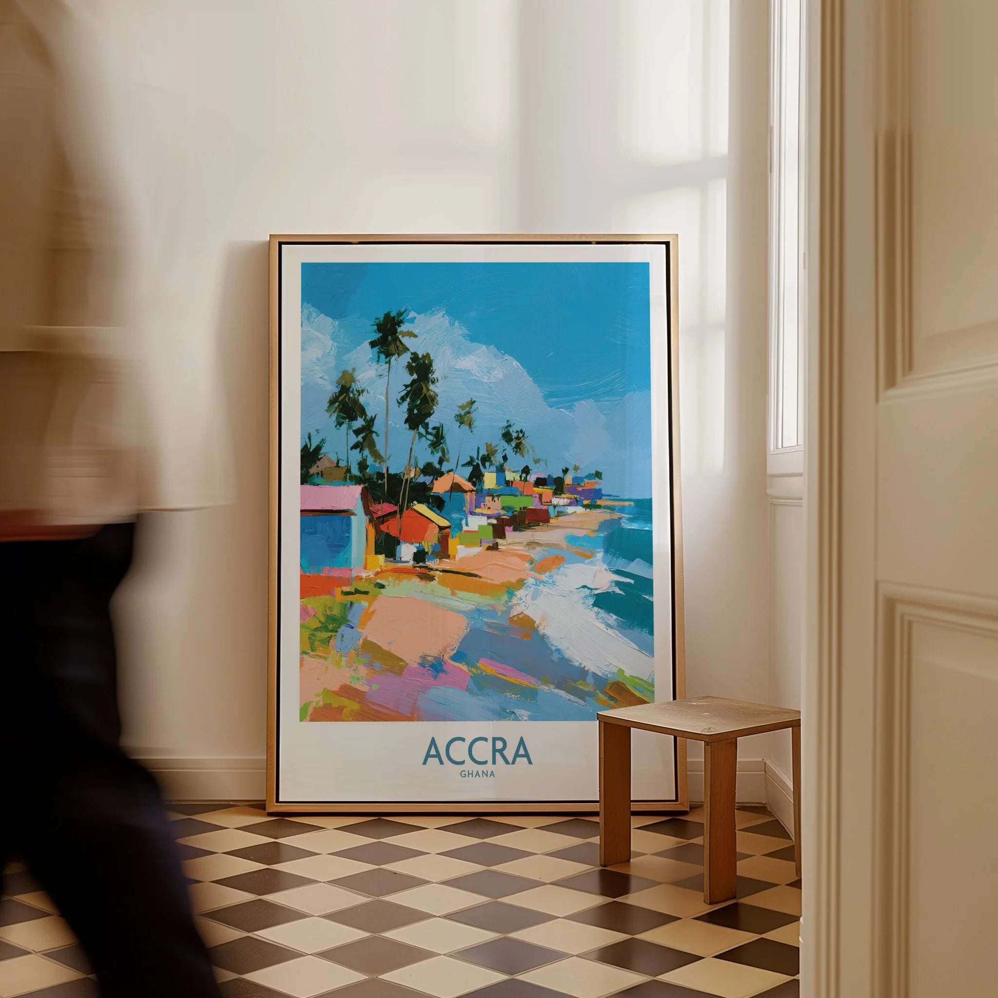 Accra Ghana Coastal Cabanas Wall Art — framed canvas on floor man walking past