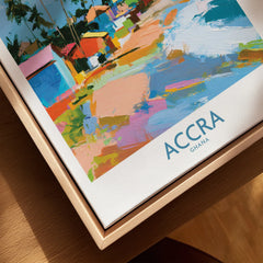 Accra Ghana Coastal Cabanas Wall Art — closeup framed canvas natural wood floating frame