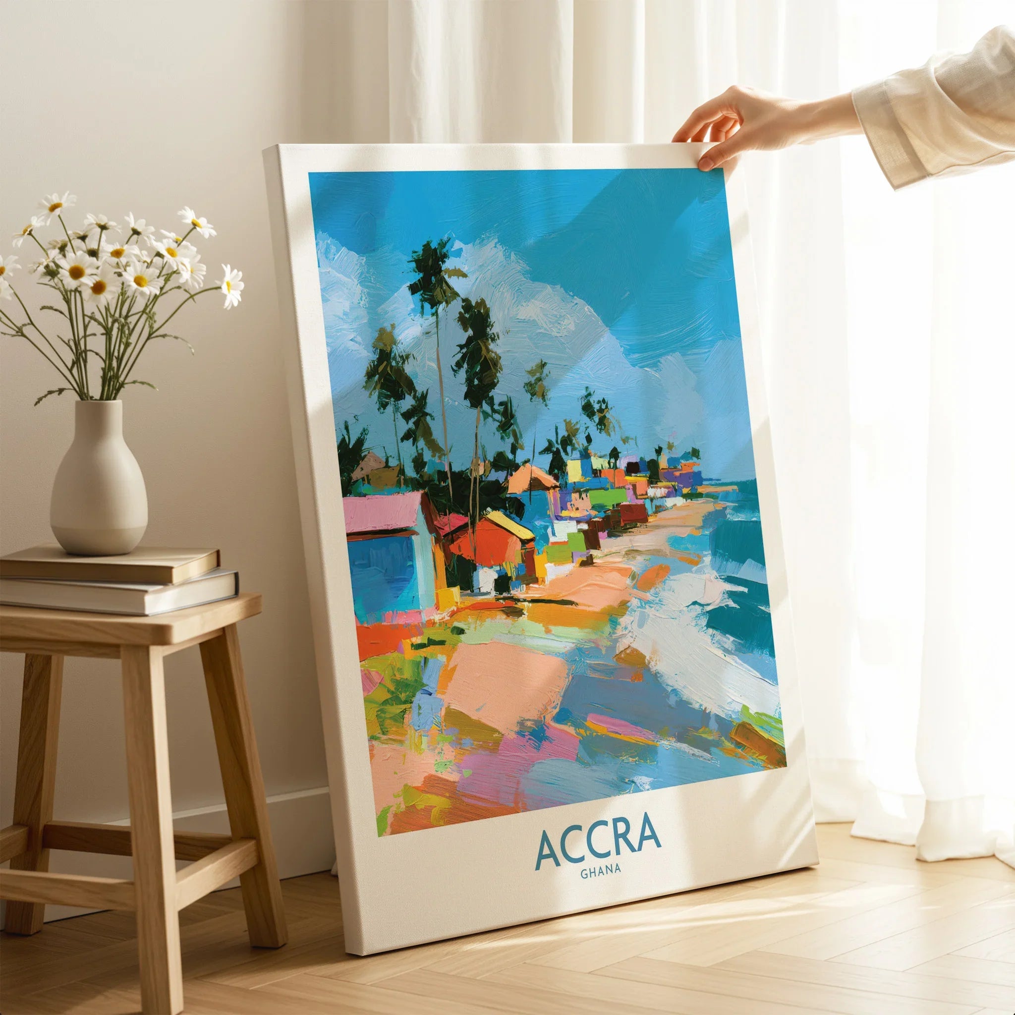 Accra Ghana Coastal Cabanas Wall Art — canvas print mirror edge hand holding room setting