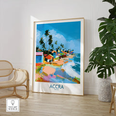 Accra Ghana Coastal Cabanas Wall Art — large framed print room setting chair plant