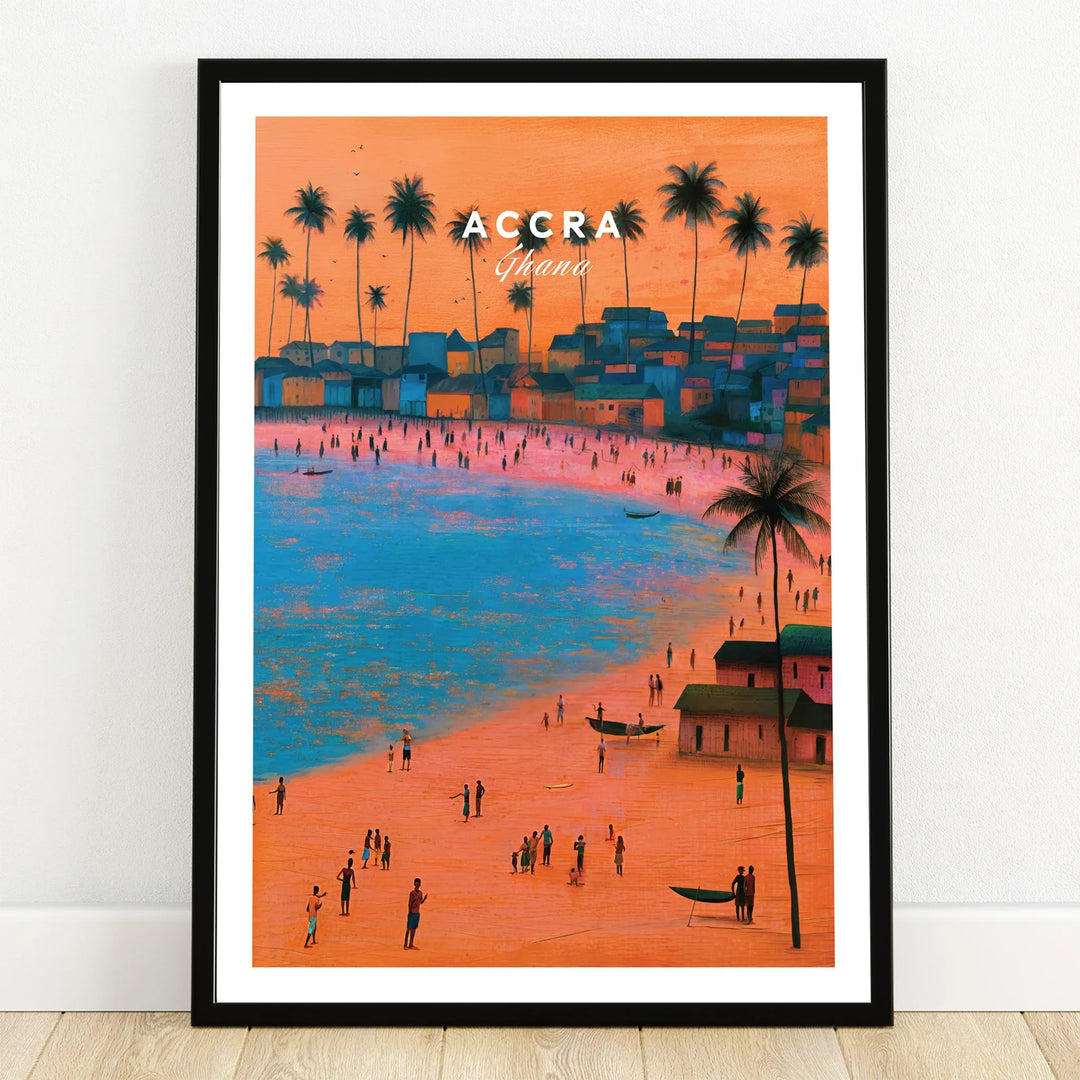 Accra Ghana Beach Sunset Travel Poster — art print in black frame on wooden floor