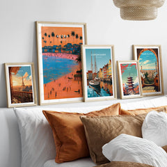 Accra Ghana Beach Sunset Travel Poster — set five framed artprints above bed natural wood frames