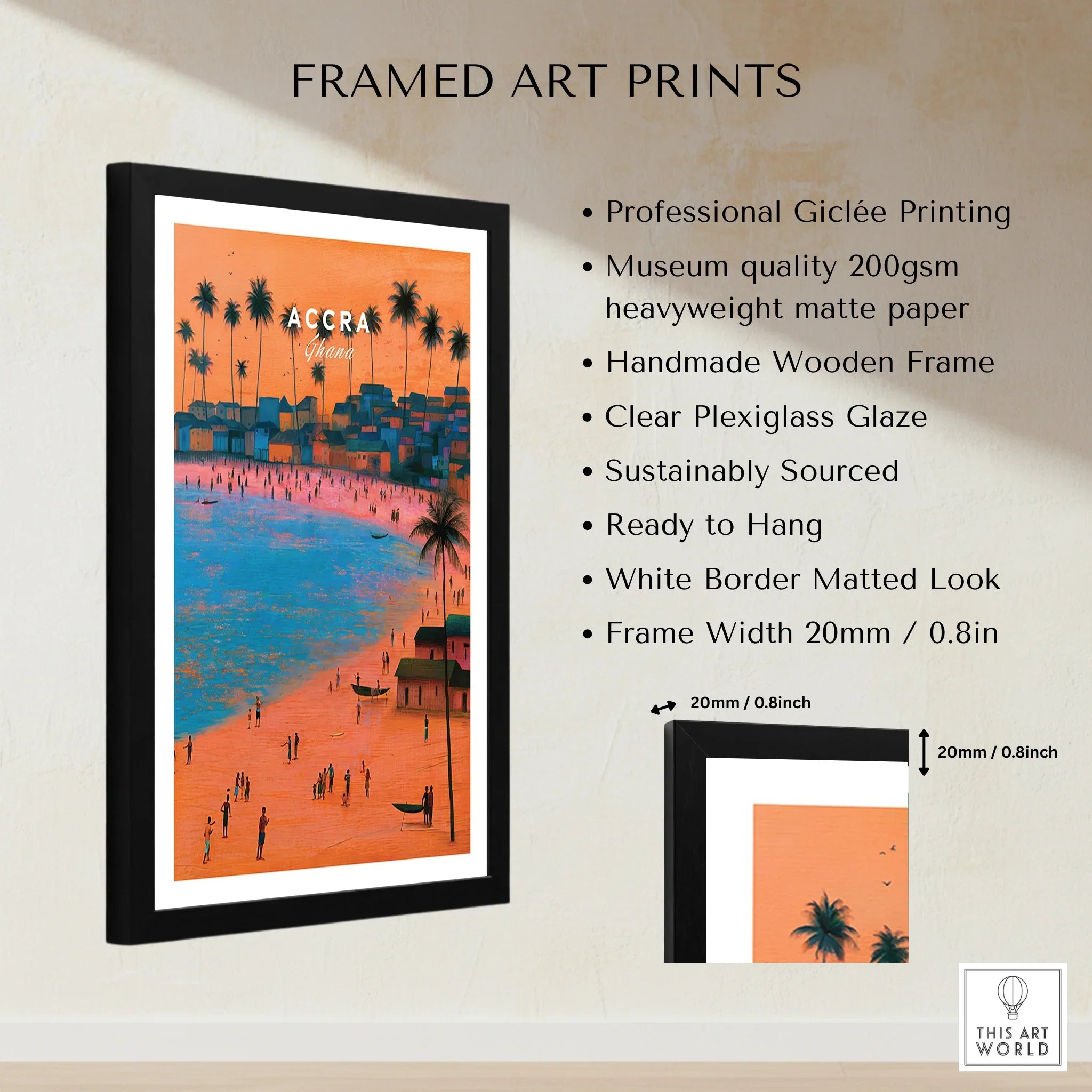 Accra Ghana Beach Sunset Travel Poster — framed print details measurements quality details
