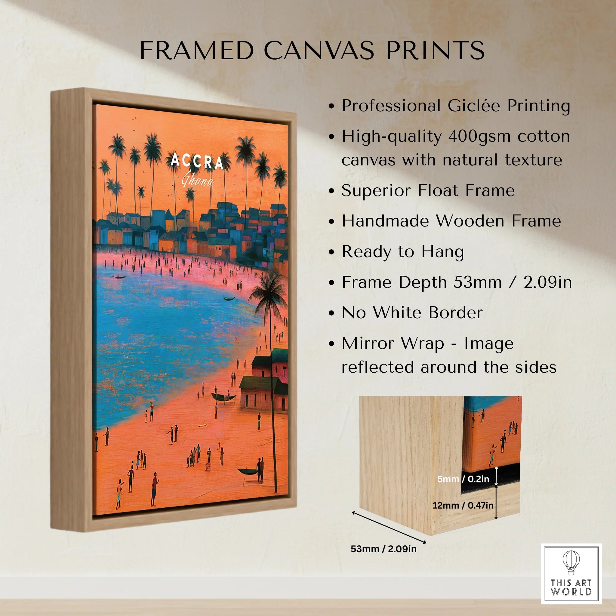 Accra Ghana Beach Sunset Travel Poster — framed canvas float frame details quality