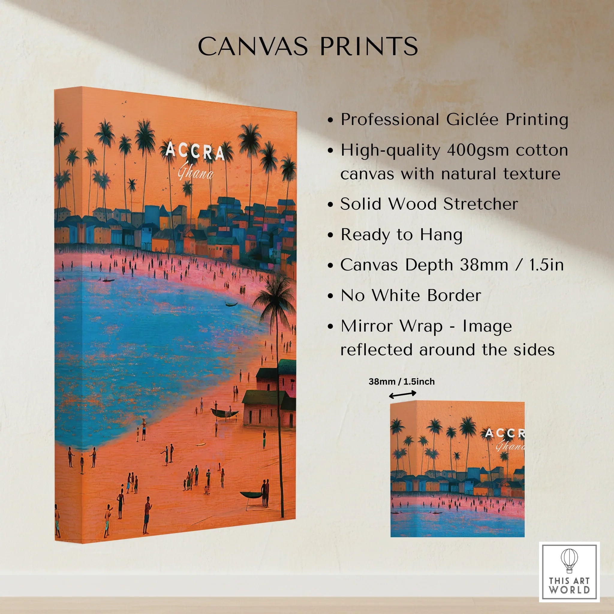 Accra Ghana Beach Sunset Travel Poster — canvas print stretched cotton canvas details