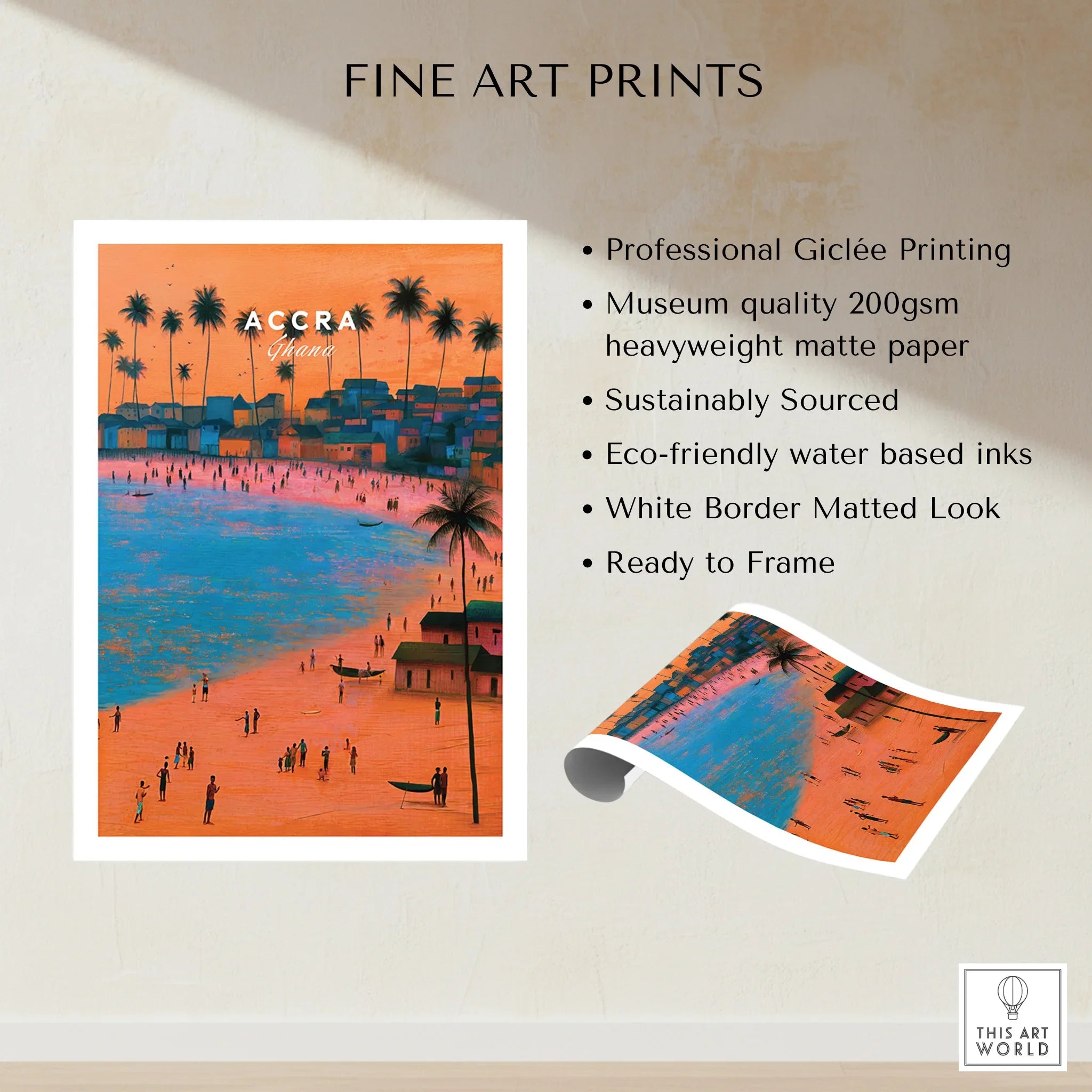 Accra Ghana Beach Sunset Travel Poster — fine art print unframed quality details