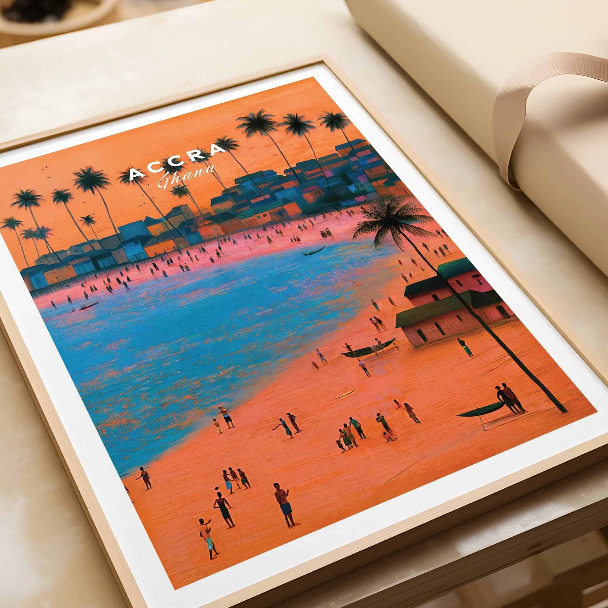 Accra Ghana Beach Sunset Travel Poster — framed art print closeup gift unwrapped natural frame