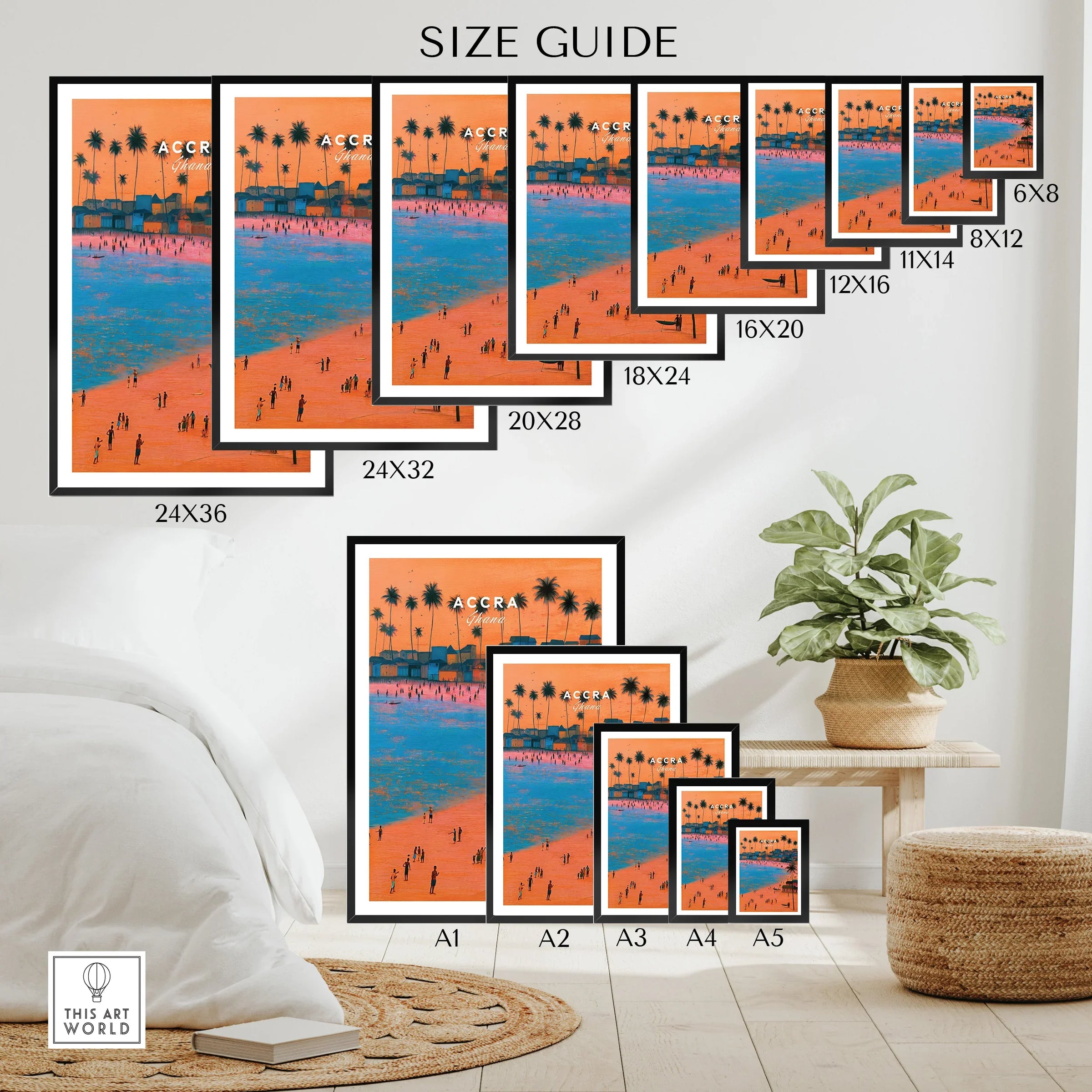 Accra Ghana Beach Sunset Travel Poster — wall art poster size guide thisartworld