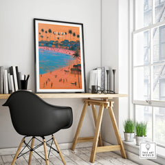 Accra Ghana Beach Sunset Travel Poster — framed poster black frame on office desk modern