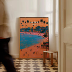 Accra Ghana Beach Sunset Travel Poster — framed canvas on floor man walking past