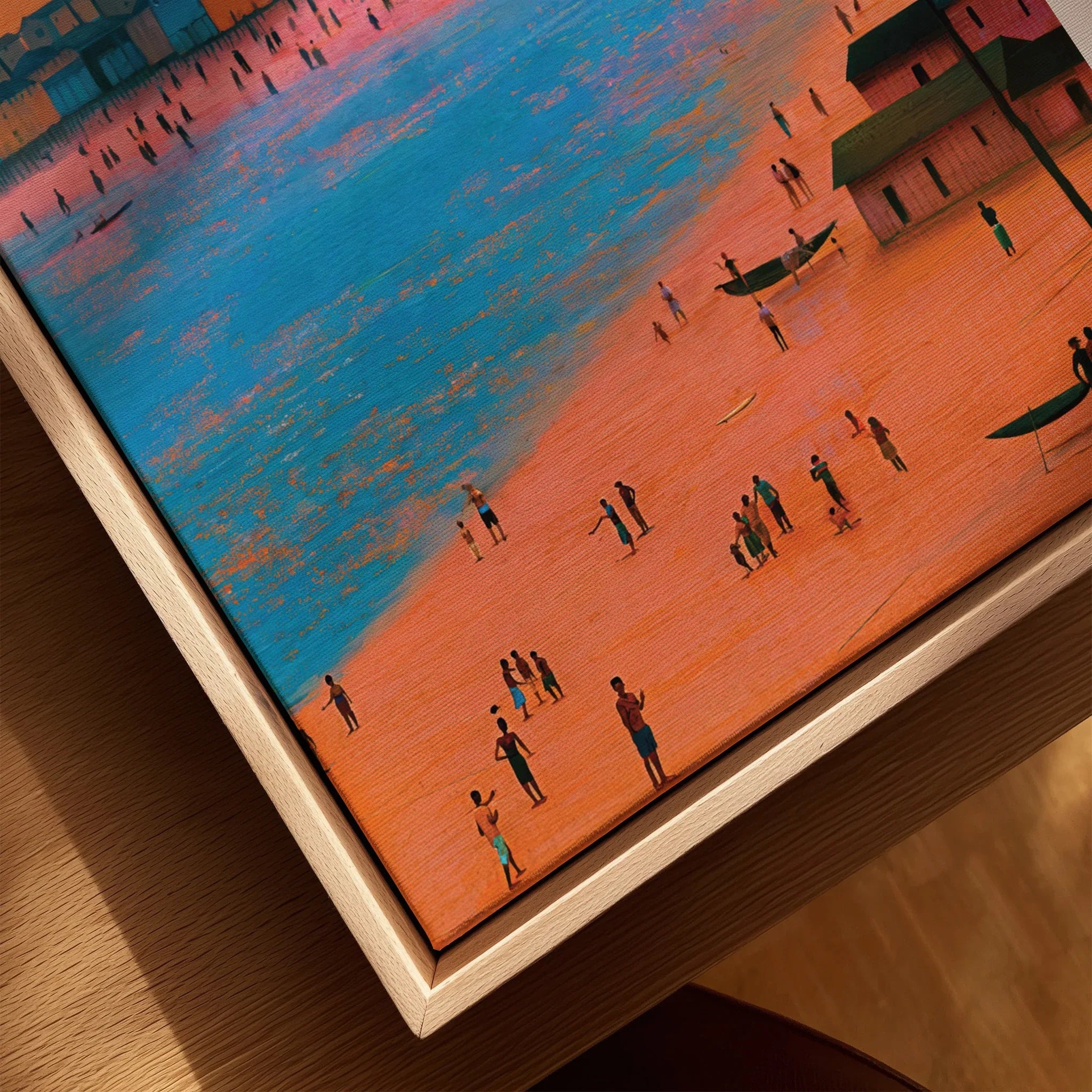 Accra Ghana Beach Sunset Travel Poster — closeup framed canvas natural wood floating frame