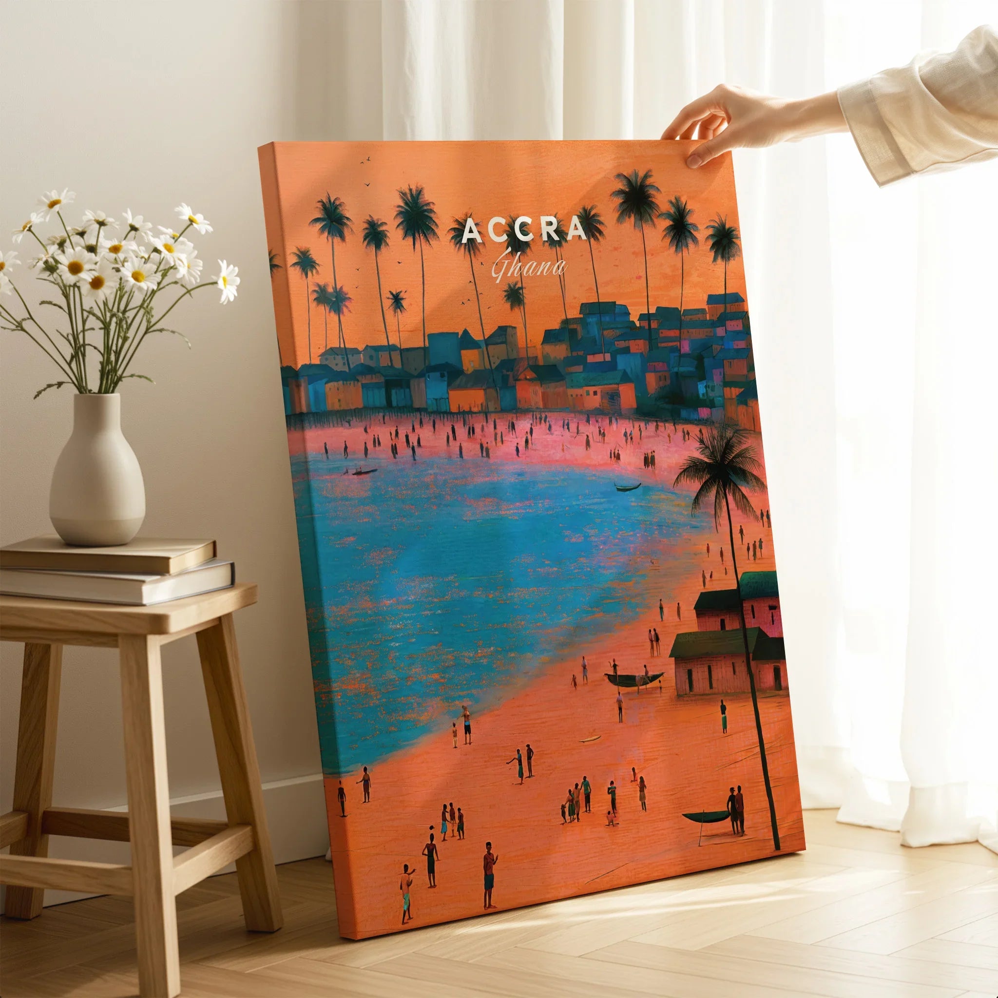 Accra Ghana Beach Sunset Travel Poster — canvas print mirror edge hand holding room setting