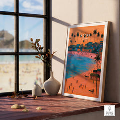 Accra Ghana Beach Sunset Travel Poster — framed print window view natural wood frame