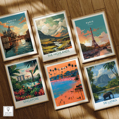 Accra Ghana Beach Sunset Travel Poster — set six framed art prints wooden floor natural wood frames