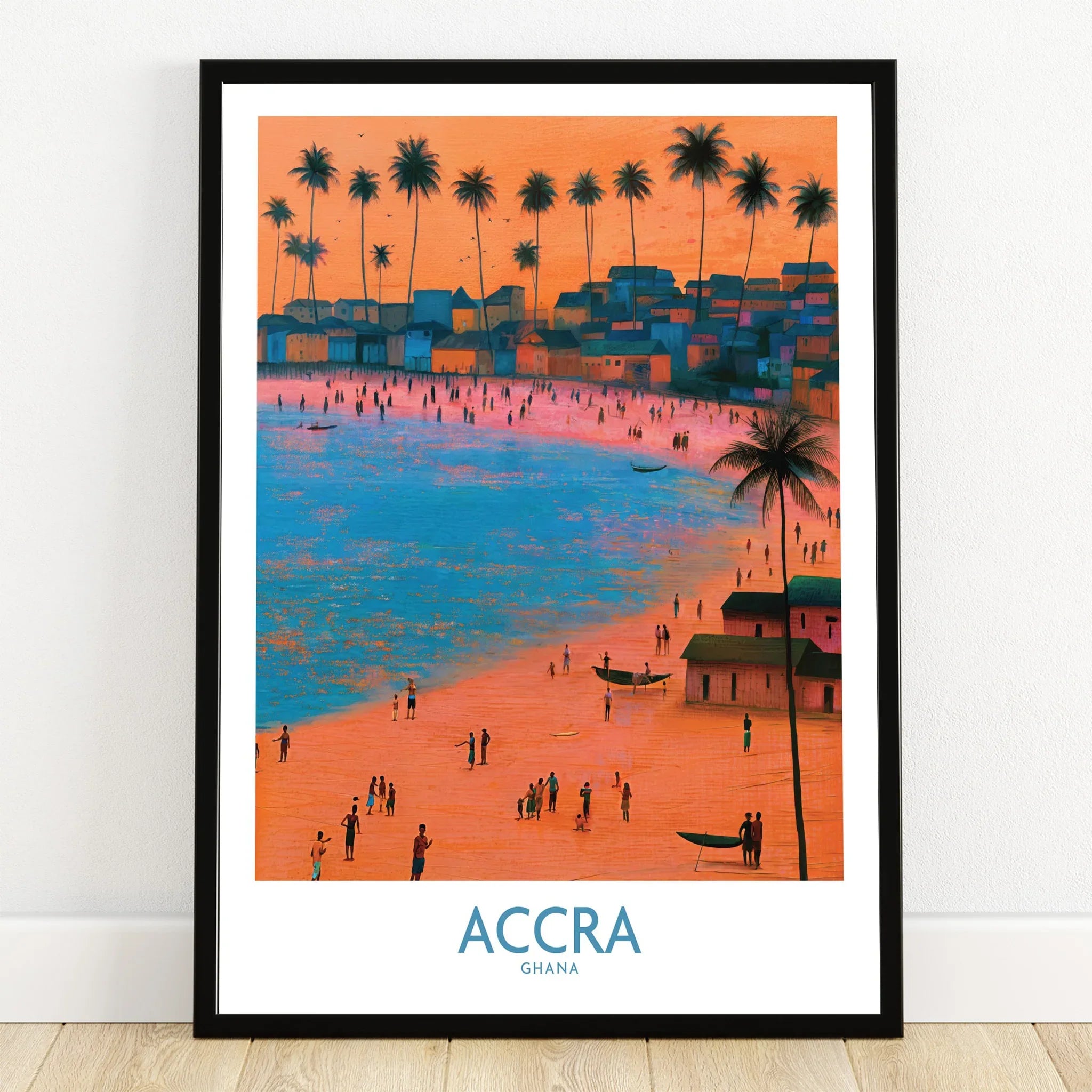 Accra Ghana Sunset Bay Wall Art — art print in black frame on wooden floor