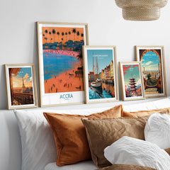 Accra Ghana Sunset Bay Wall Art — set five framed artprints above bed natural wood frames