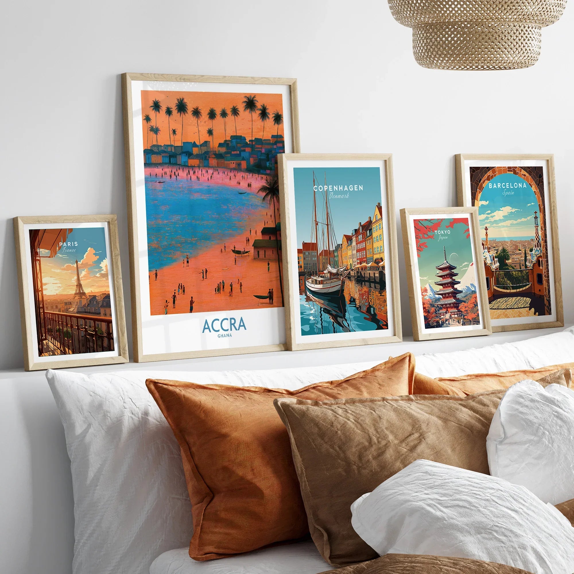 Accra Ghana Sunset Bay Wall Art — set five framed artprints above bed natural wood frames
