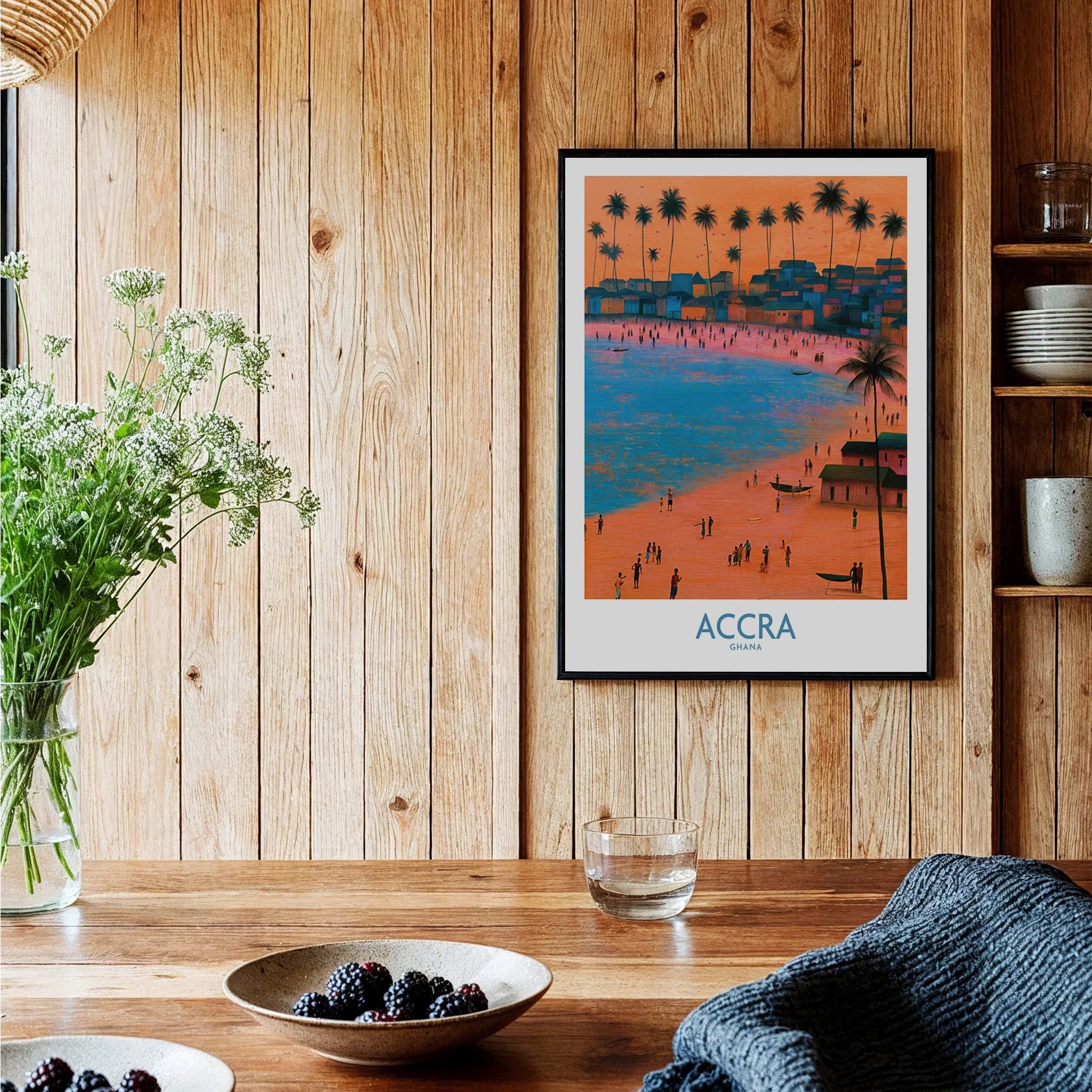 Accra Ghana Sunset Bay Wall Art — black framed art print kitchen setting