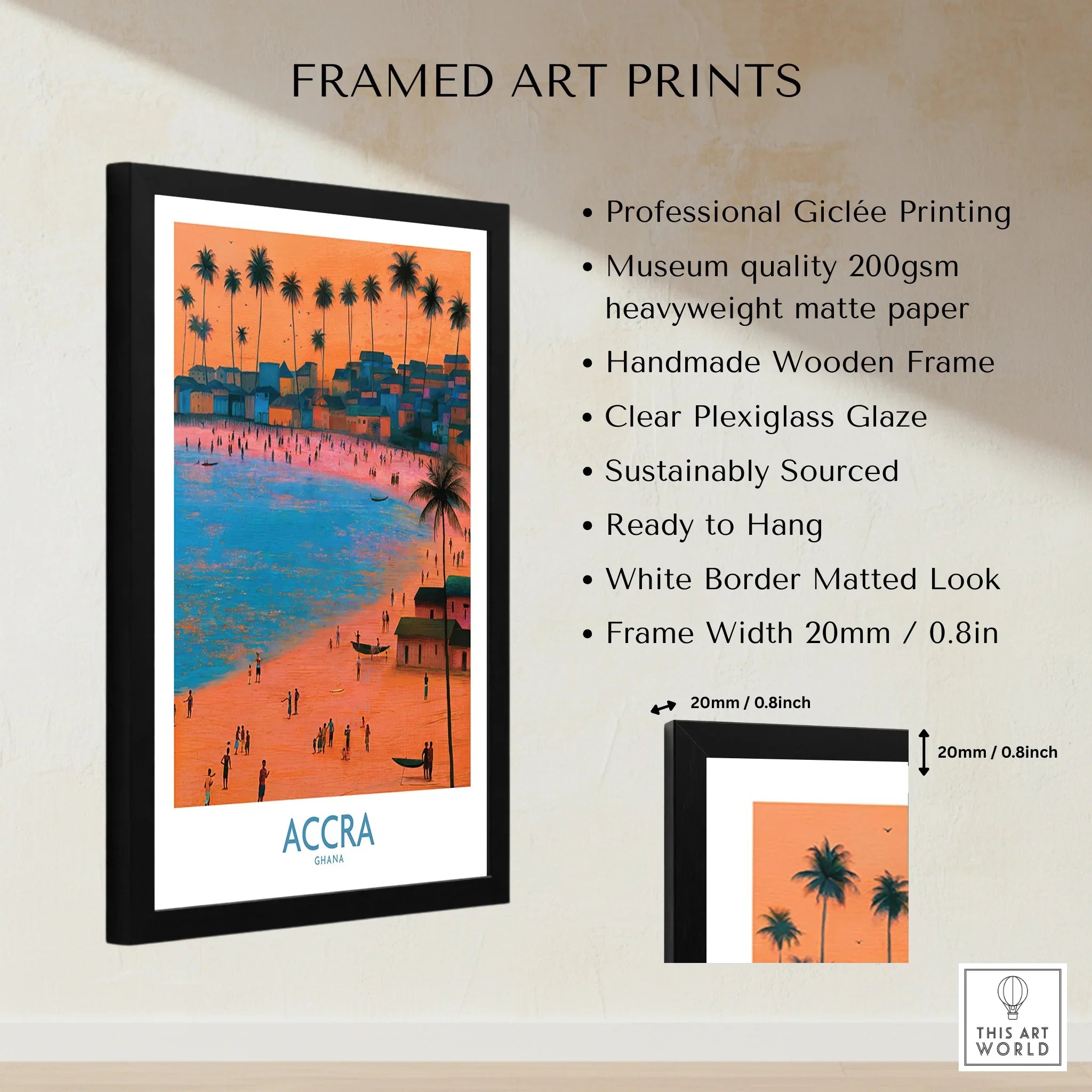 Accra Ghana Sunset Bay Wall Art — framed print details measurements quality details