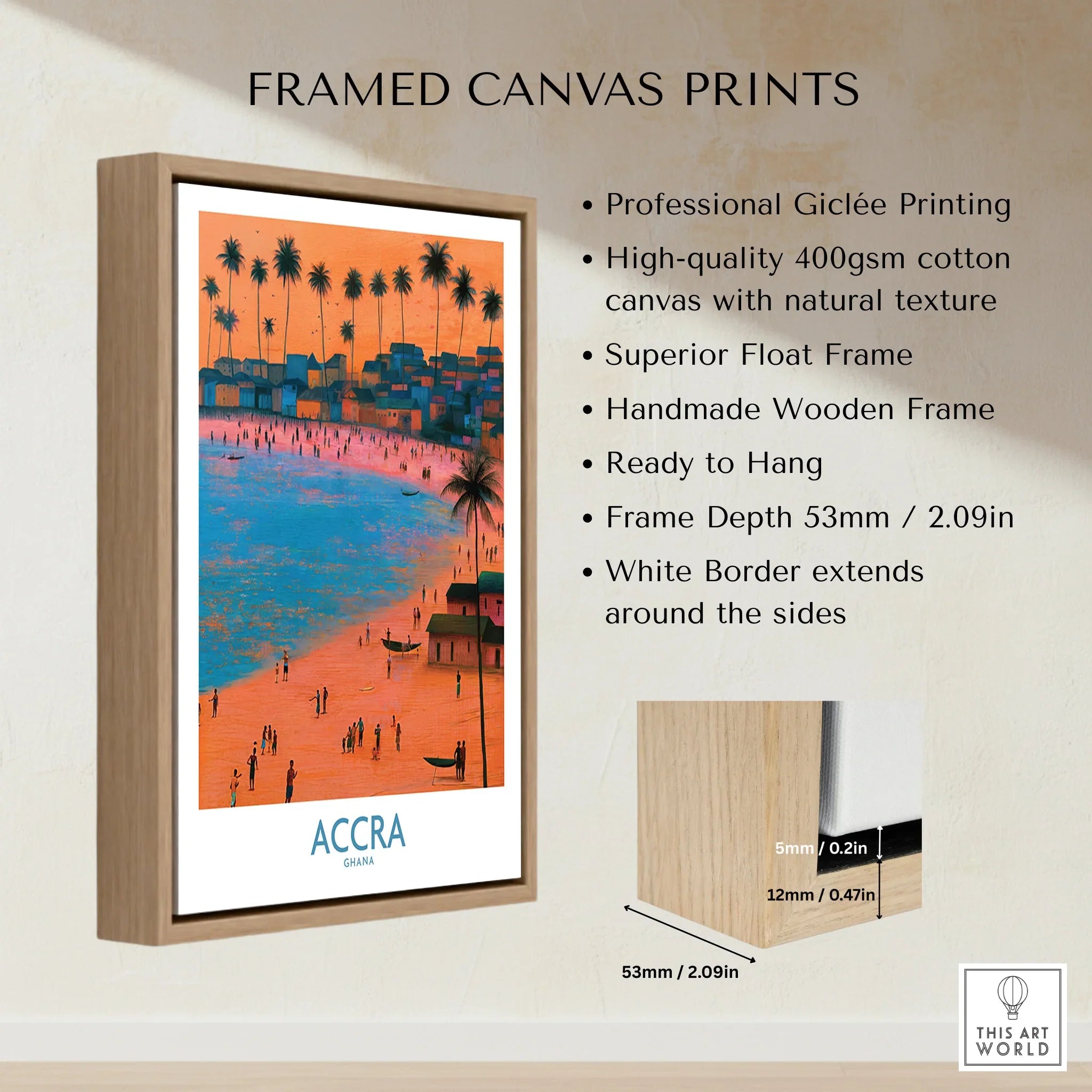 Accra Ghana Sunset Bay Wall Art — framed canvas float frame details quality