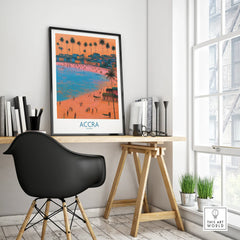 Accra Ghana Sunset Bay Wall Art — framed poster black frame on office desk modern