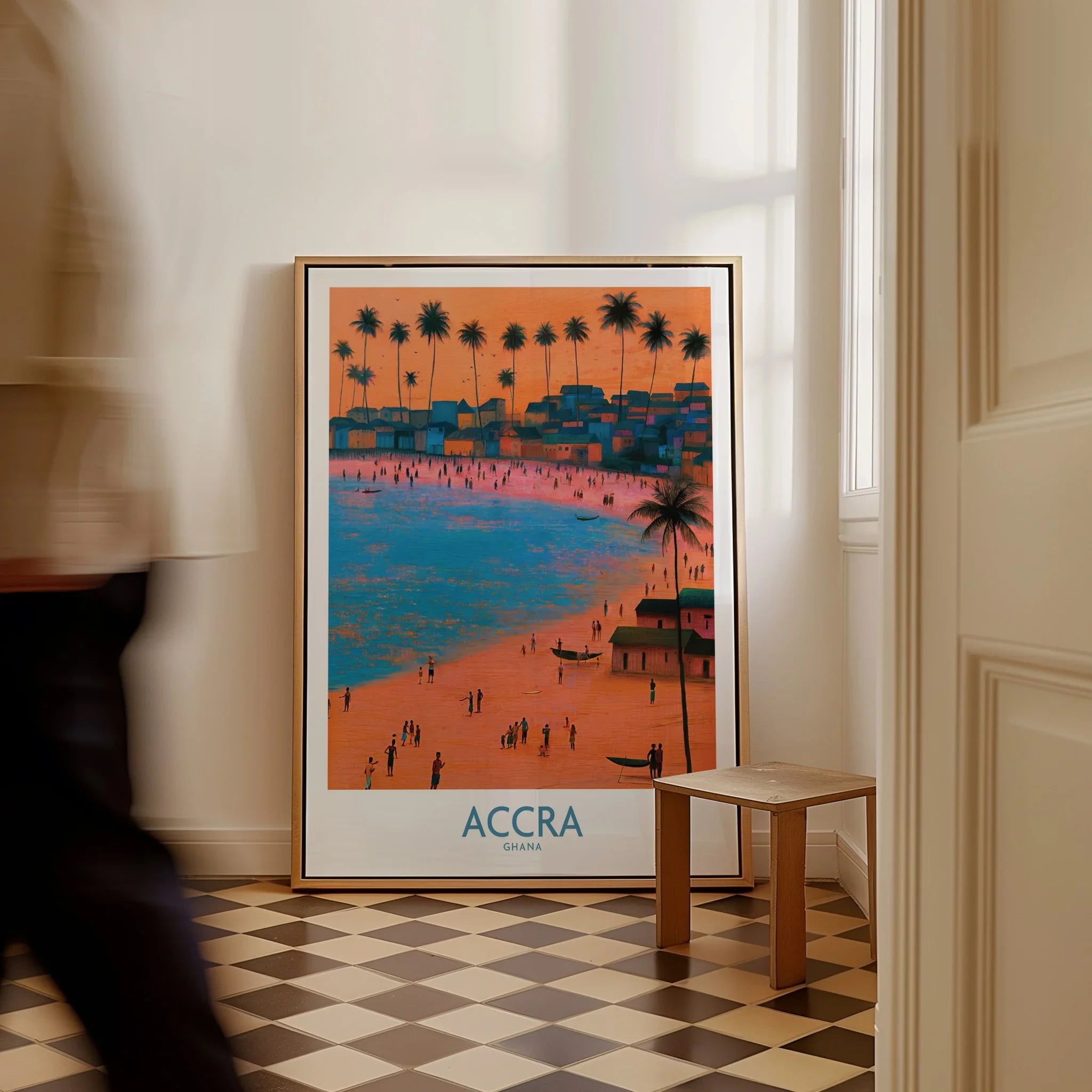Accra Ghana Sunset Bay Wall Art — framed canvas on floor man walking past