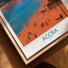 Accra Ghana Sunset Bay Wall Art — closeup framed canvas natural wood floating frame