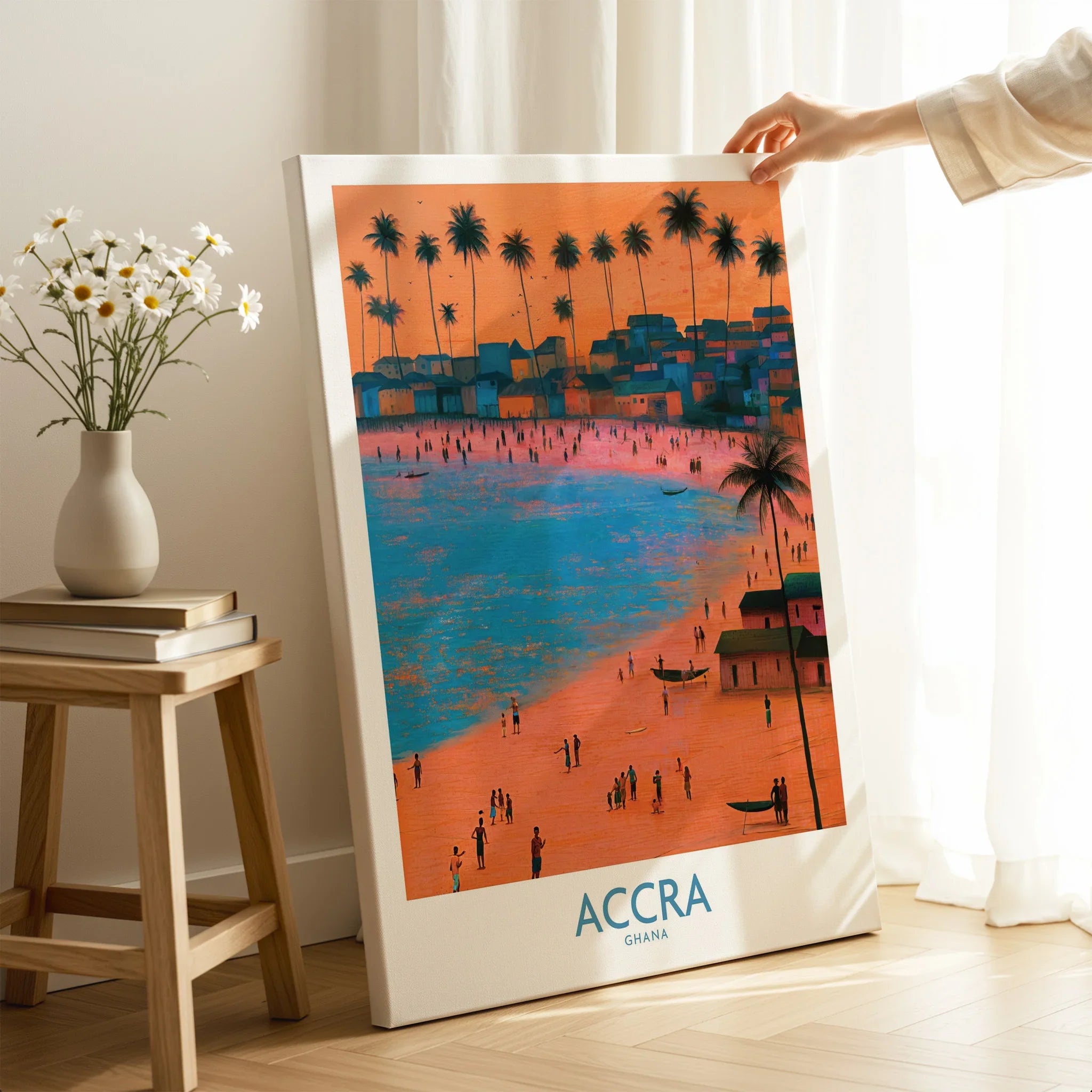 Accra Ghana Sunset Bay Wall Art — canvas print mirror edge hand holding room setting
