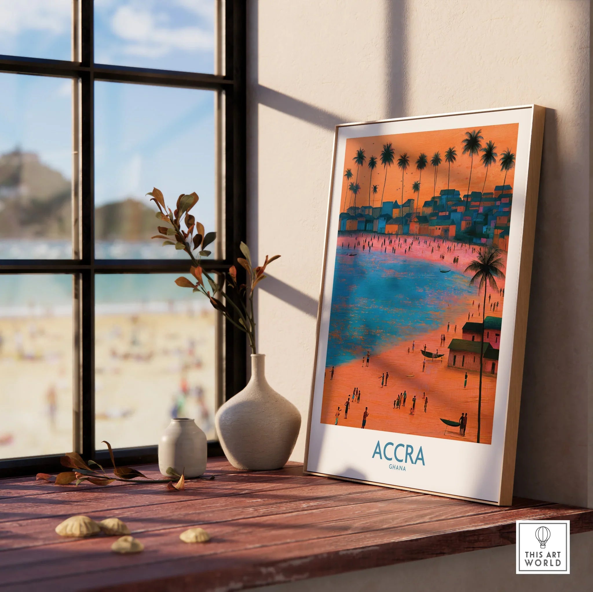 Accra Ghana Sunset Bay Wall Art — framed print window view natural wood frame