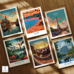 Accra Ghana Sunset Bay Wall Art — set six framed art prints wooden floor natural wood frames