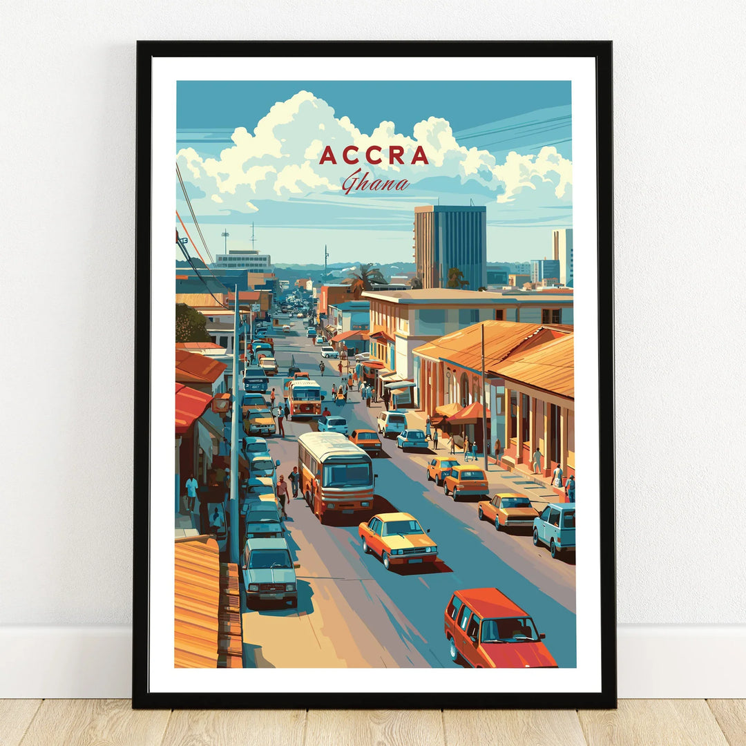 Accra Ghana City Avenue Travel Poster — art print in black frame on wooden floor