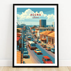 Accra Ghana City Avenue Travel Poster — art print in black frame on wooden floor
